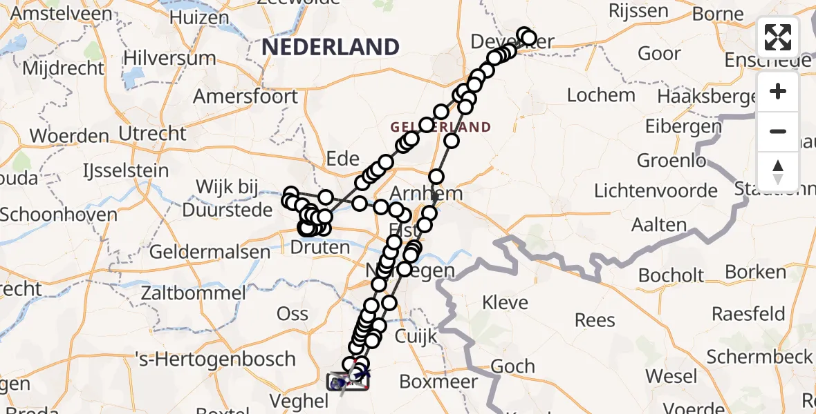 Vluchtroute Politiehelikopter van Vliegbasis Volkel naar Vliegbasis Volkel