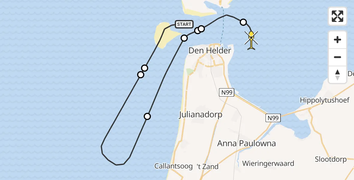 Routekaart van de vlucht: Kustwachthelikopter naar Den Helder