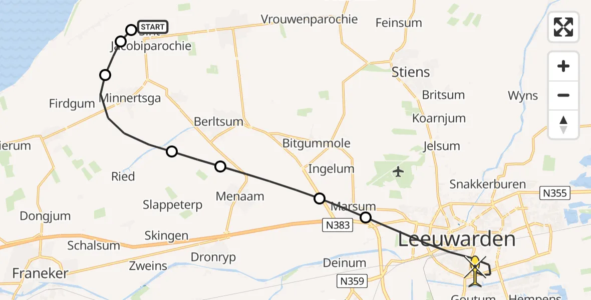 Routekaart van de vlucht: Lifeliner 4 naar Leeuwarden, Zondervans-reed