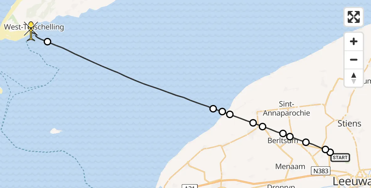 Routekaart van de vlucht: Ambulanceheli naar West-Terschelling, Nijlânsdyk