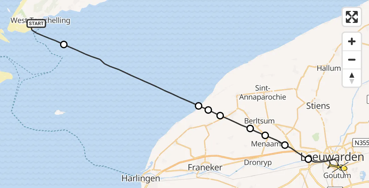 Routekaart van de vlucht: Ambulanceheli naar Leeuwarden, Noordsvaarder