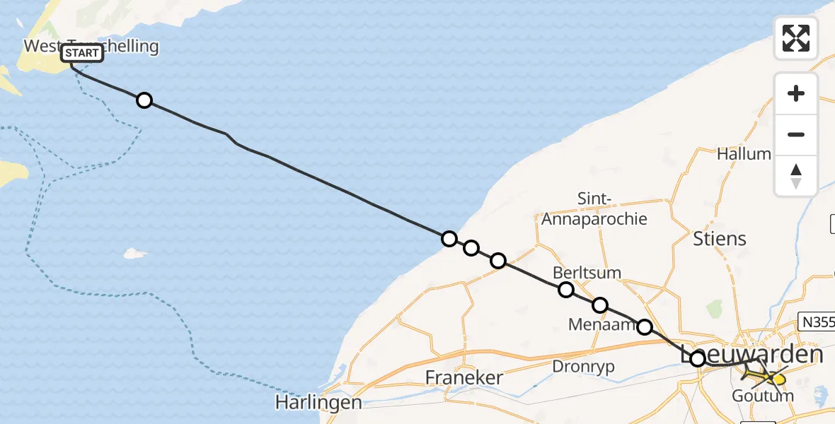 Routekaart van de vlucht: Ambulancehelikopter naar Leeuwarden, Noordsvaarder