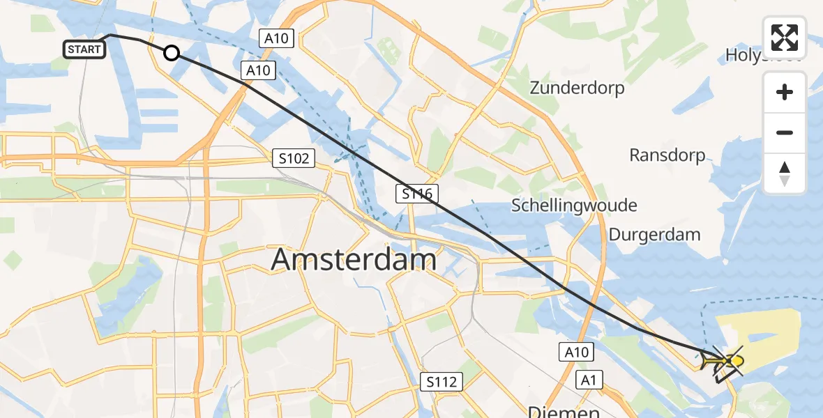 Routekaart van de vlucht: Lifeliner 1 naar Amsterdam, Westhavenweg