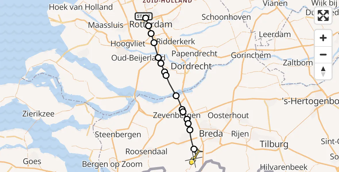 Routekaart van de vlucht: Lifeliner 2 naar Rijsbergen, Zestienhoven