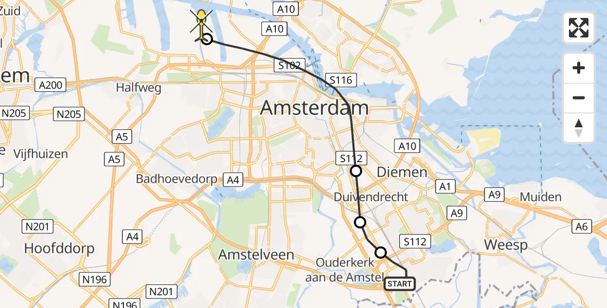 Routekaart van de vlucht: Lifeliner 1 naar Amsterdam Heliport, Paalbergweg