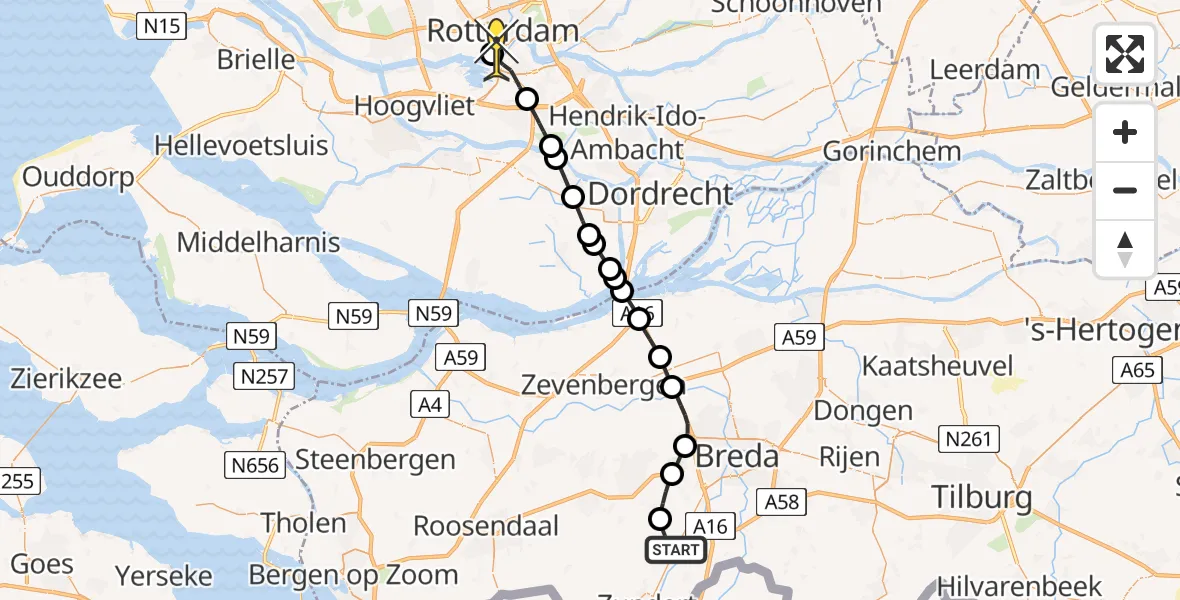 Routekaart van de vlucht: Lifeliner 2 naar Erasmus MC, De Gouwberg