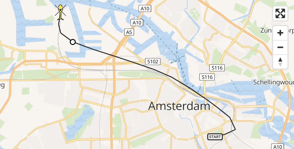 Routekaart van de vlucht: Lifeliner 1 naar Amsterdam Heliport, Tweede Atjehstraat