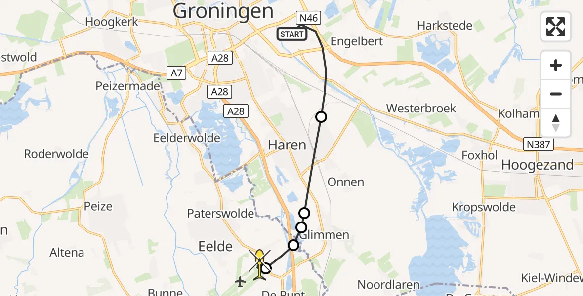 Routekaart van de vlucht: Lifeliner 4 naar Groningen Airport Eelde, Kieler Bocht