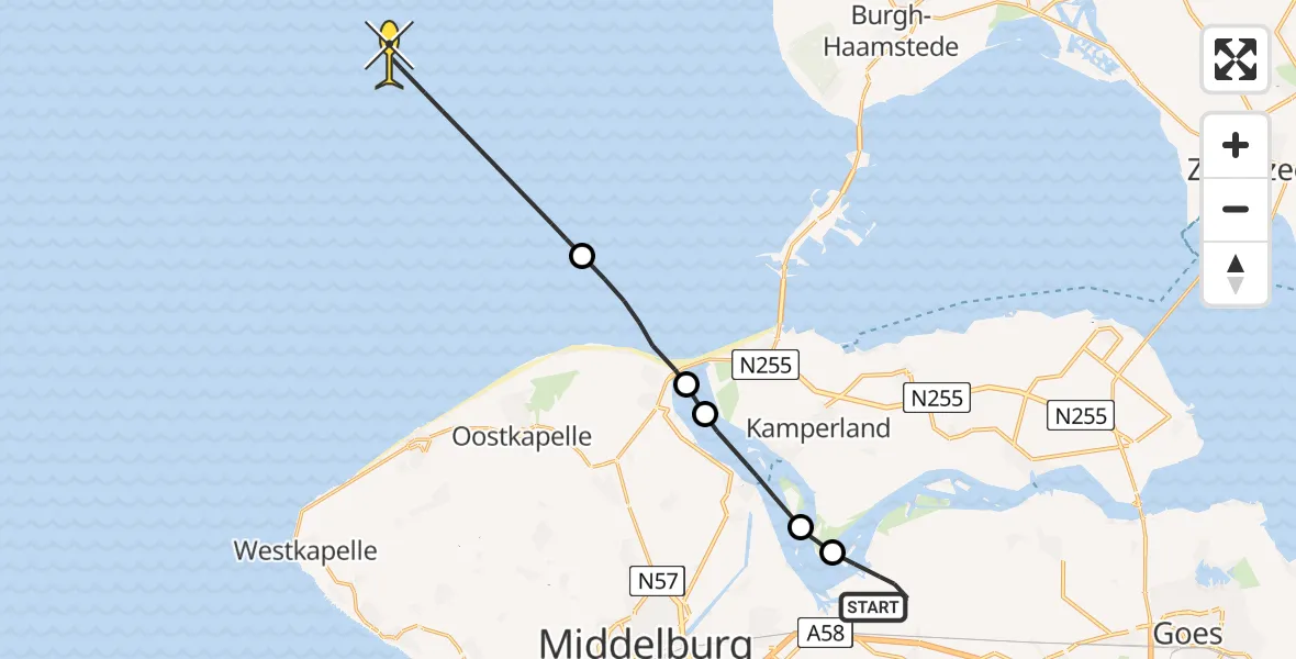 Routekaart van de vlucht: Kustwachthelikopter naar Calandweg