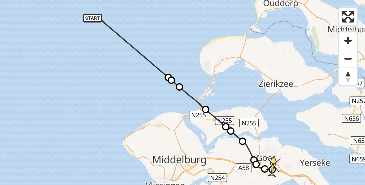 Routekaart van de vlucht: Kustwachthelikopter naar Goes, Zwarte Beier