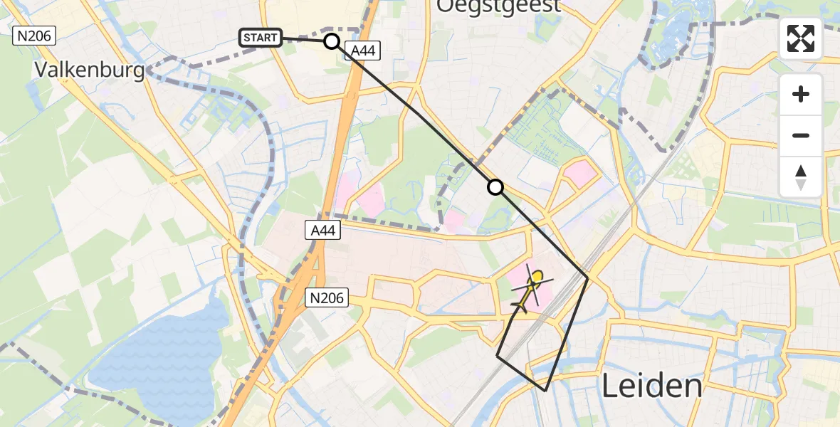 Routekaart van de vlucht: Lifeliner 1 naar Leiden, Wilhelminapark