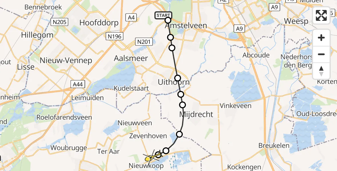 Routekaart van de vlucht: Politieheli naar Nieuwkoop, Schipholweg