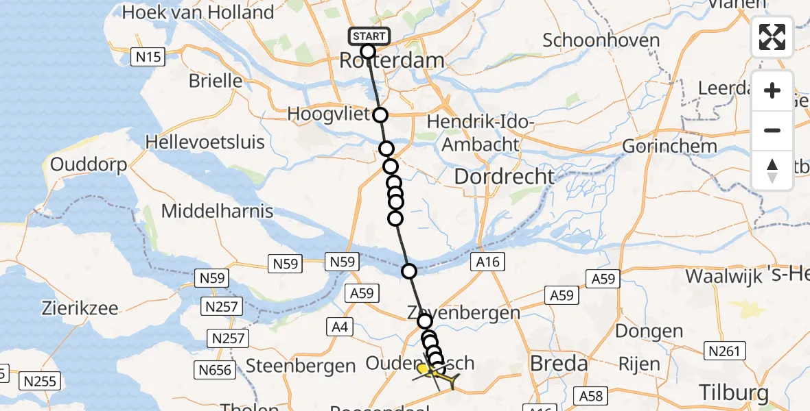 Routekaart van de vlucht: Lifeliner 2 naar Hoeven, Zestienhovensepad