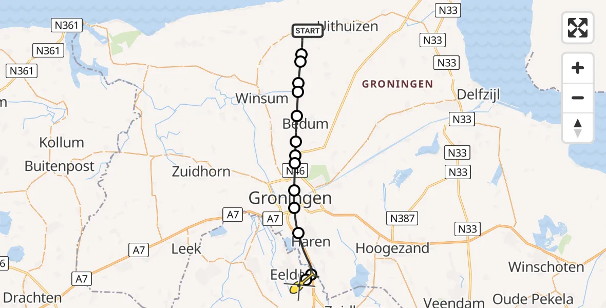 Routekaart van de vlucht: Lifeliner 4 naar Groningen Airport Eelde, Wadwerderweg