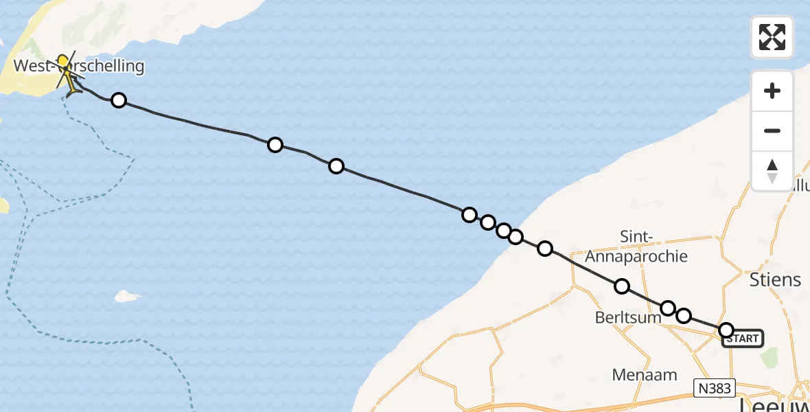 Routekaart van de vlucht: Ambulanceheli naar West-Terschelling, Hogerhuisdyk