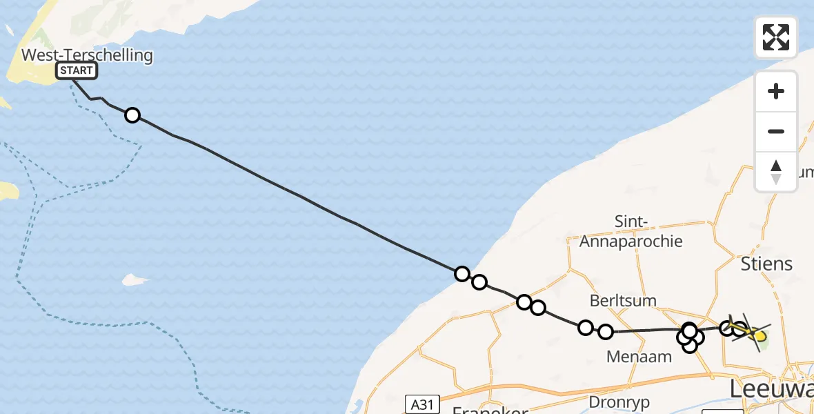Routekaart van de vlucht: Ambulanceheli naar Vliegbasis Leeuwarden, Keegsdijkje