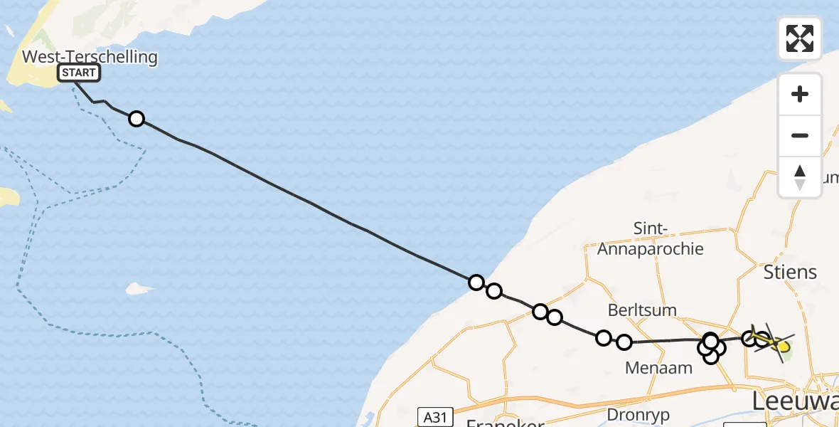 Routekaart van de vlucht: Ambulancehelikopter naar Vliegbasis Leeuwarden, Keegsdijkje