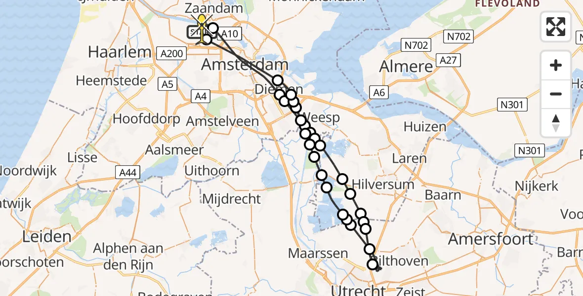 Routekaart van de vlucht: Lifeliner 1 naar Amsterdam Heliport, Belangenvereniging tuinders Zaanderhorn