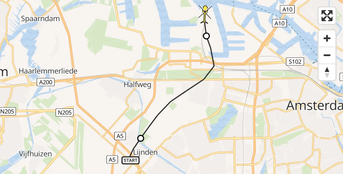 Routekaart van de vlucht: Lifeliner 1 naar Amsterdam Heliport, Lutkemeerpark