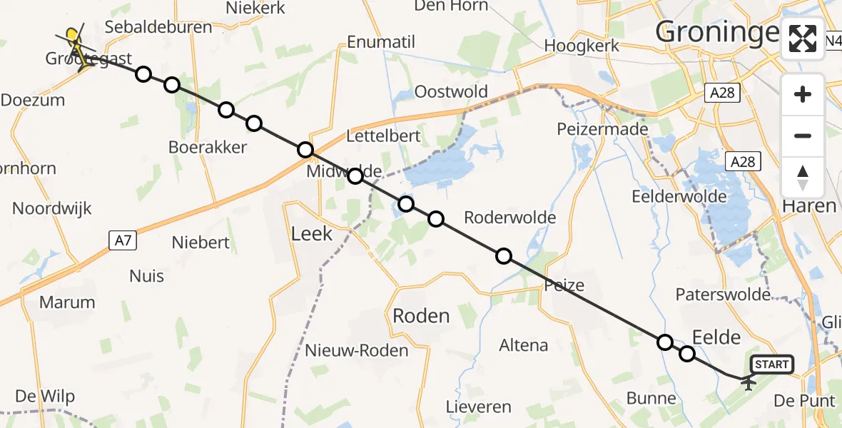 Routekaart van de vlucht: Lifeliner 4 naar Grootegast, Veldkampweg