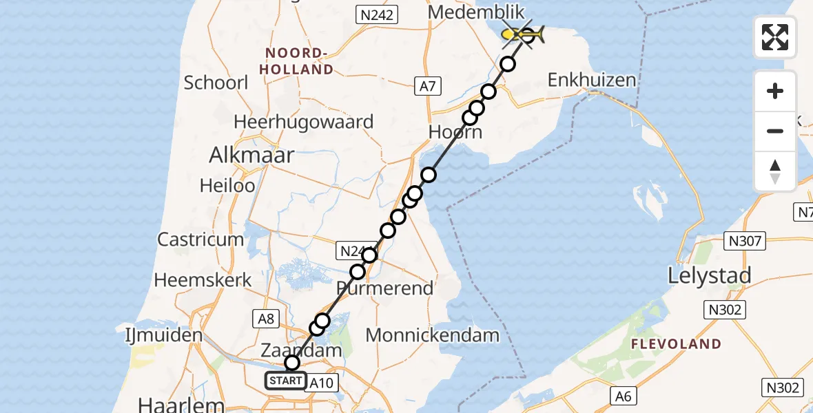 Routekaart van de vlucht: Lifeliner 1 naar Andijk, Grote Tocht