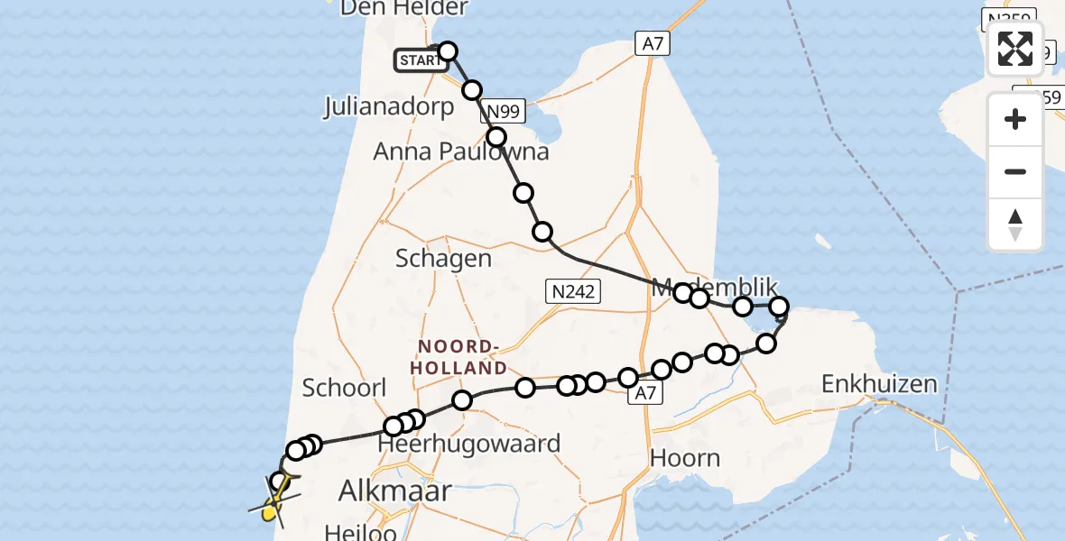 Routekaart van de vlucht: Kustwachthelikopter naar Egmond aan den Hoef, Oostoeverweg