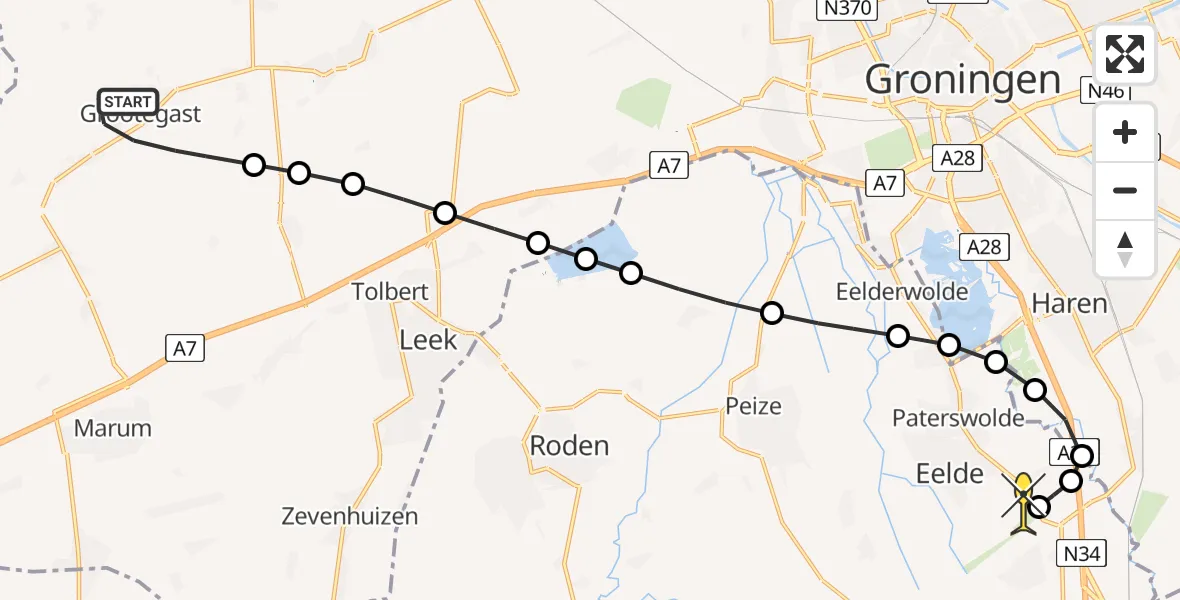 Routekaart van de vlucht: Lifeliner 4 naar Groningen Airport Eelde, Duisterburen