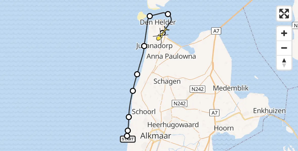 Routekaart van de vlucht: Kustwachthelikopter naar Vliegveld De Kooy, Strand Egmond aan Zee