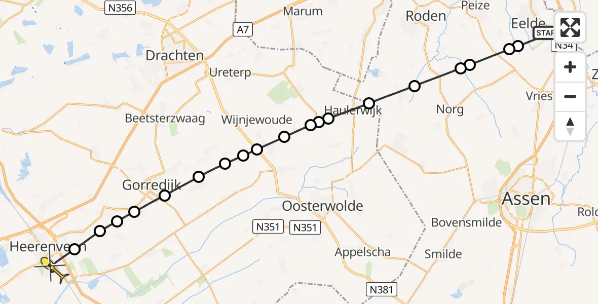 Routekaart van de vlucht: Lifeliner 4 naar Heerenveen, Veldkampweg