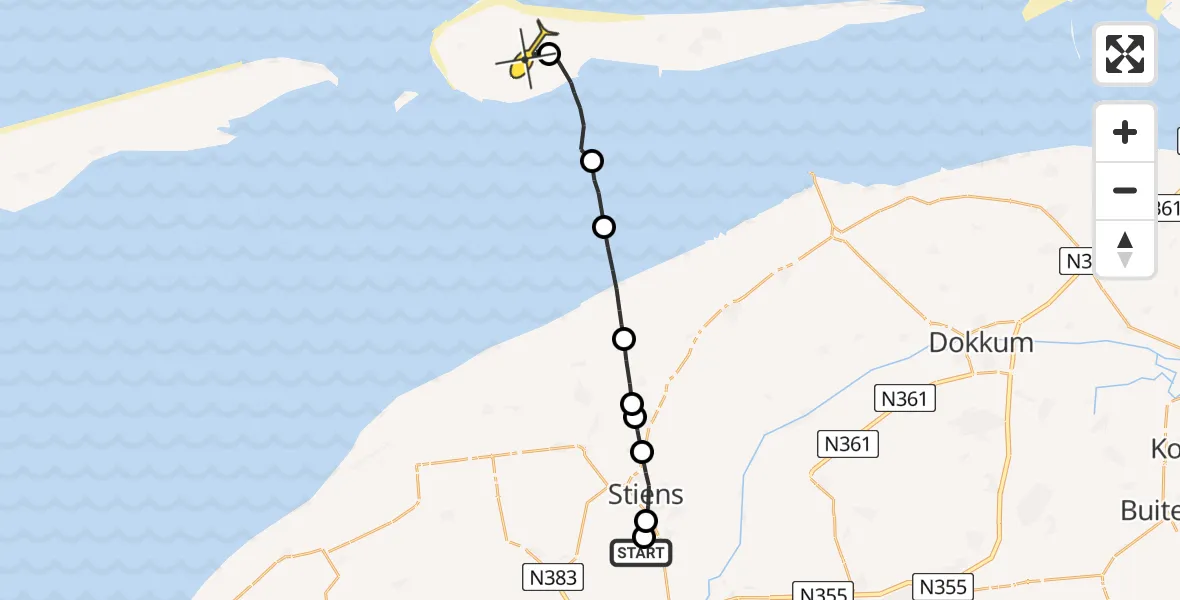 Routekaart van de vlucht: Ambulanceheli naar Ameland Airport Ballum, Skrédyk