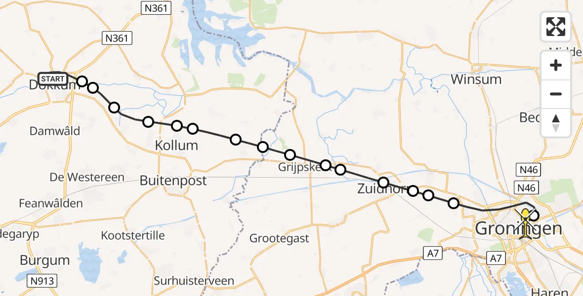 Routekaart van de vlucht: Lifeliner 4 naar Universitair Medisch Centrum Groningen, De Veiling