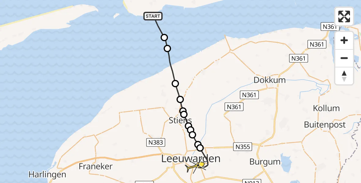 Routekaart van de vlucht: Ambulanceheli naar Leeuwarden, Molengat