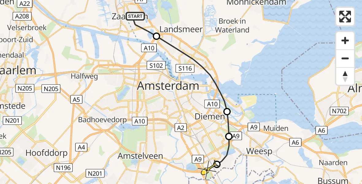 Routekaart van de vlucht: Lifeliner 1 naar Academisch Medisch Centrum (AMC), Harpoeniersstraat