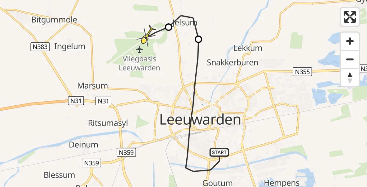 Vluchtroute Ambulancehelikopter van Leeuwarden naar Vliegbasis Leeuwarden