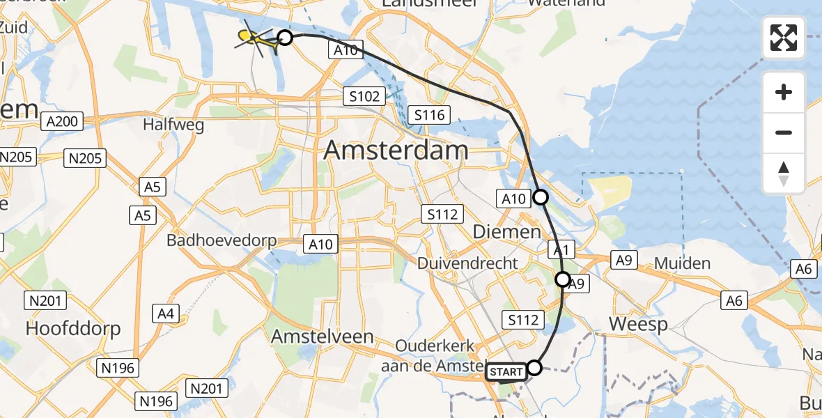 Routekaart van de vlucht: Lifeliner 1 naar Amsterdam Heliport, Abcouderstraatweg