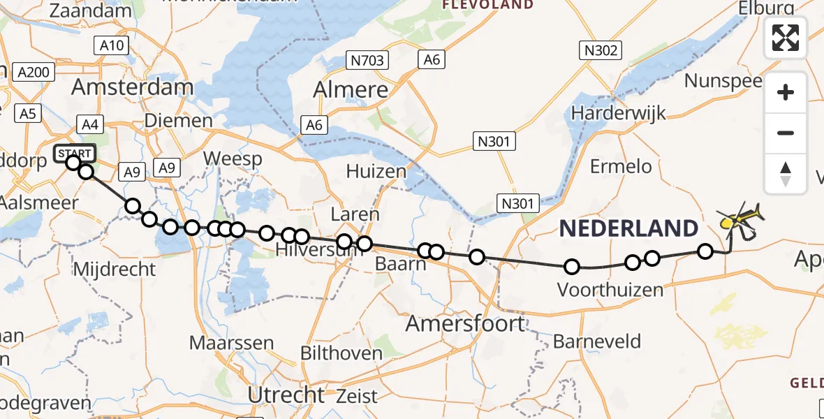 Routekaart van de vlucht: Politieheli naar Uddel, Meester Jac. Takkade