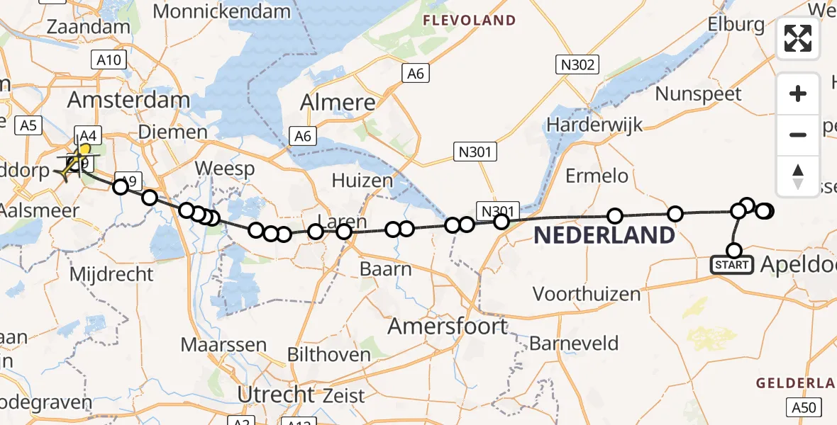 Routekaart van de vlucht: Politieheli naar Schiphol, Veluwe