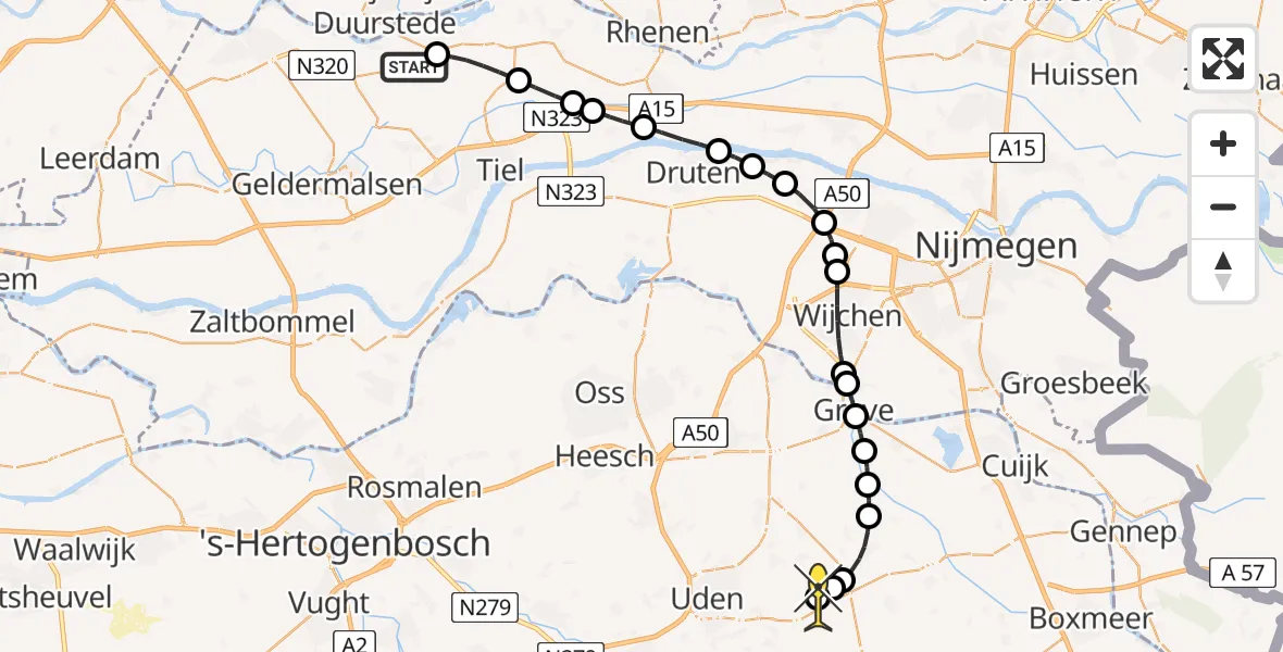 Routekaart van de vlucht: Lifeliner 3 naar Vliegbasis Volkel, Provincialeweg