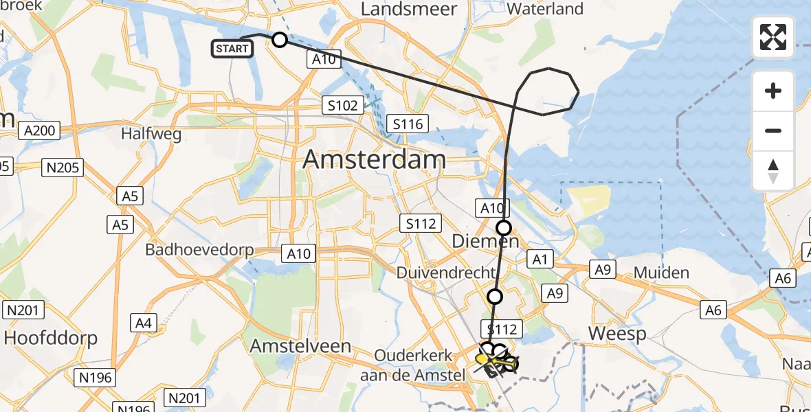 Routekaart van de vlucht: Lifeliner 1 naar Academisch Medisch Centrum (AMC), Hemweg