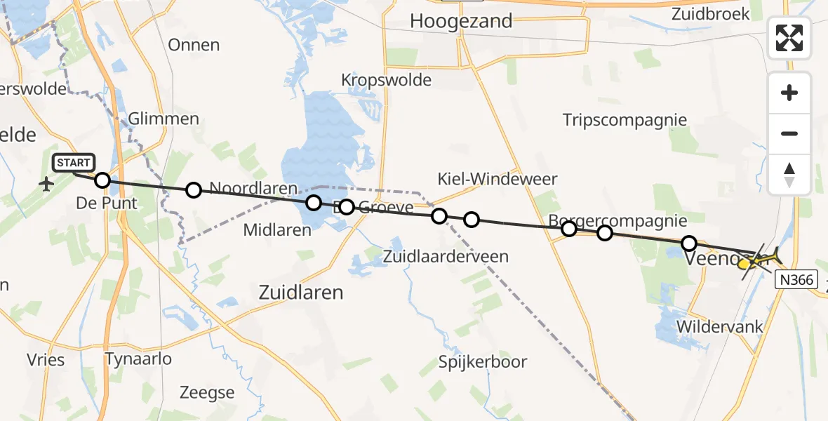 Routekaart van de vlucht: Lifeliner 4 naar Veendam, Burgemeester J.G. Legroweg