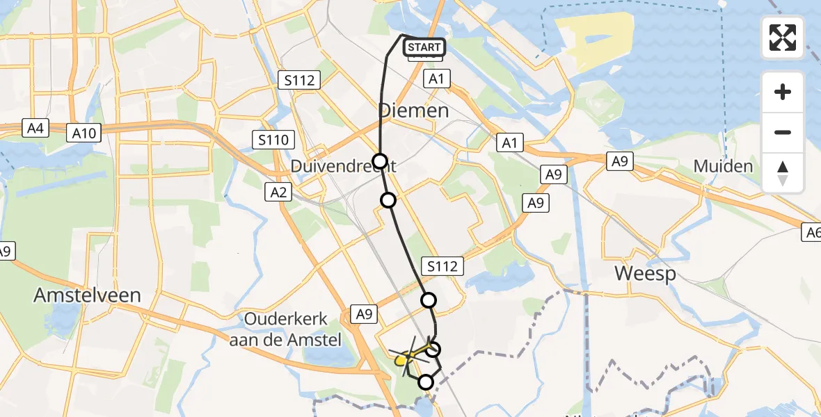 Routekaart van de vlucht: Lifeliner 1 naar Academisch Medisch Centrum (AMC), Carolina MacGillavrylaan