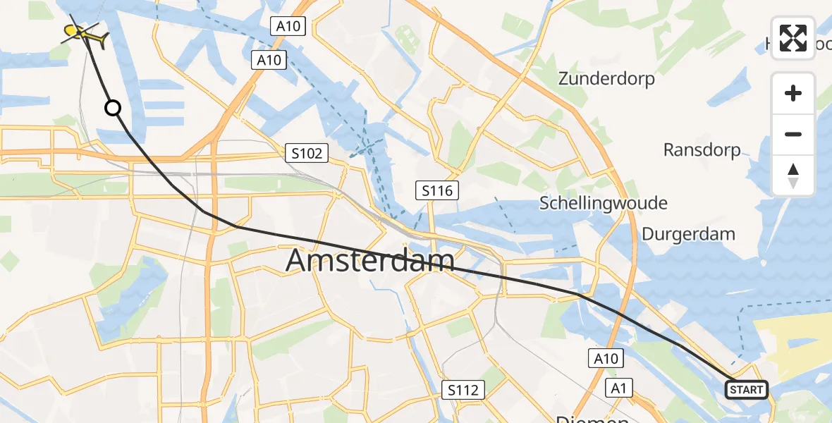 Routekaart van de vlucht: Lifeliner 1 naar Amsterdam Heliport, Oeverzeggestraat