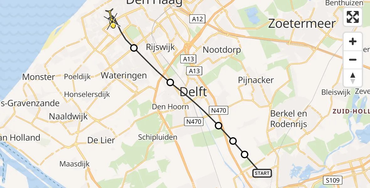 Routekaart van de vlucht: Lifeliner 2 naar Den Haag, Schieveense polder