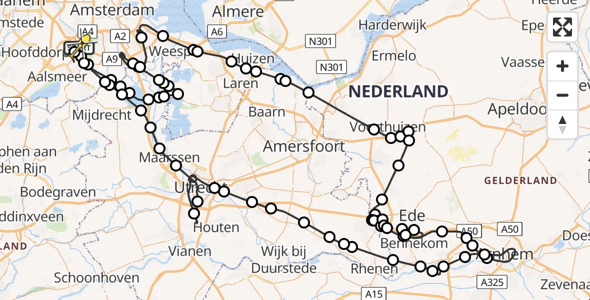 Routekaart van de vlucht: Politieheli naar Schiphol, Amsterdam-Bataviaweg