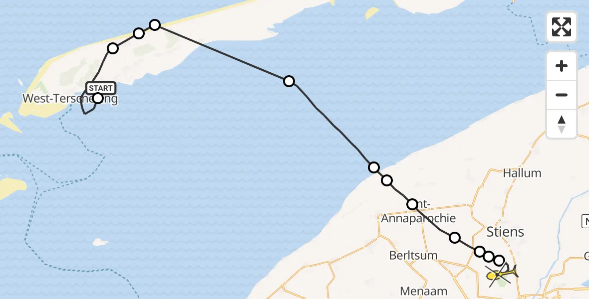 Routekaart van de vlucht: Ambulancehelikopter naar Vliegbasis Leeuwarden, Oosterom