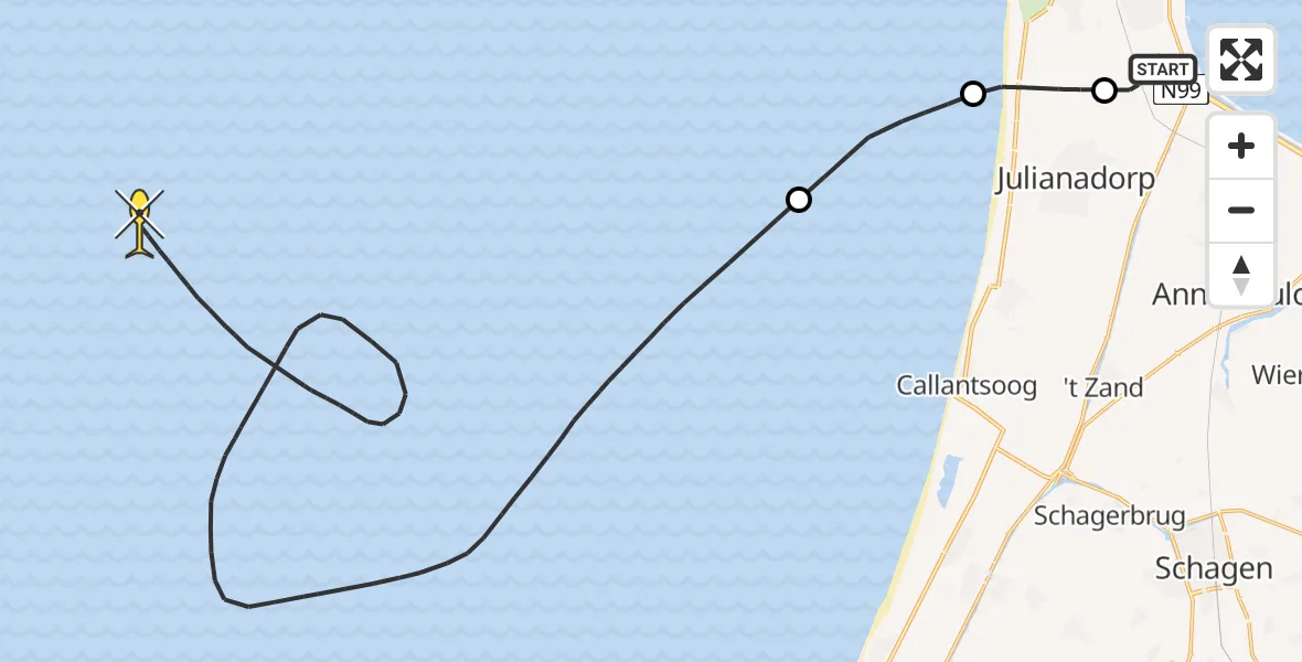 Routekaart van de vlucht: Kustwachthelikopter naar Middenvliet