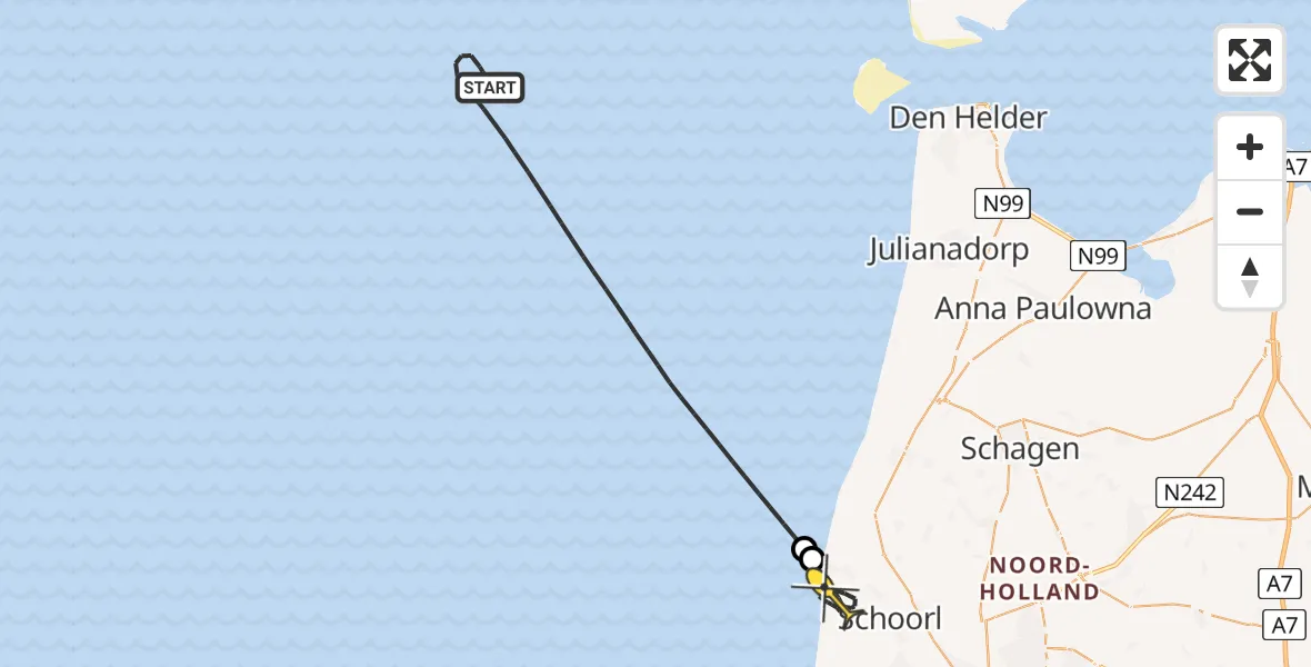 Routekaart van de vlucht: Kustwachthelikopter naar Schoorl, Hargerstrandweg