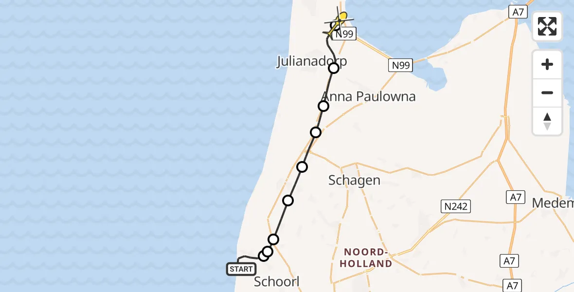 Routekaart van de vlucht: Kustwachthelikopter naar Vliegveld De Kooy, Strand Camperduin