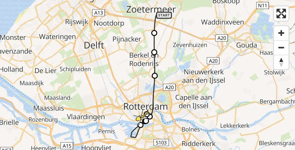 Routekaart van de vlucht: Lifeliner 2 naar Erasmus MC, Rakkersveld