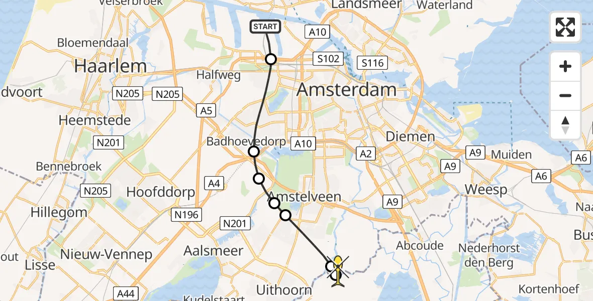 Routekaart van de vlucht: Lifeliner 1 naar Waverveen, Corsicaweg